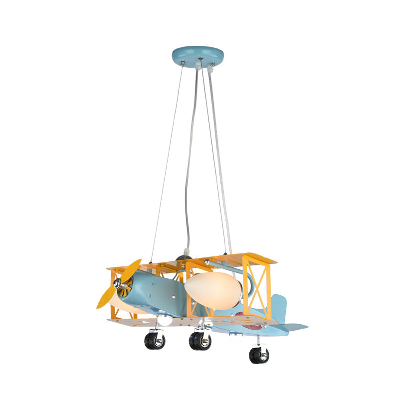 Airplane Metal Chandelier Light Kids 4 Heads Blue Ceiling Lamp with Bullet Milk Glass Shade Clearhalo 'Ceiling Lights' 'Chandeliers' Lighting' options 898176