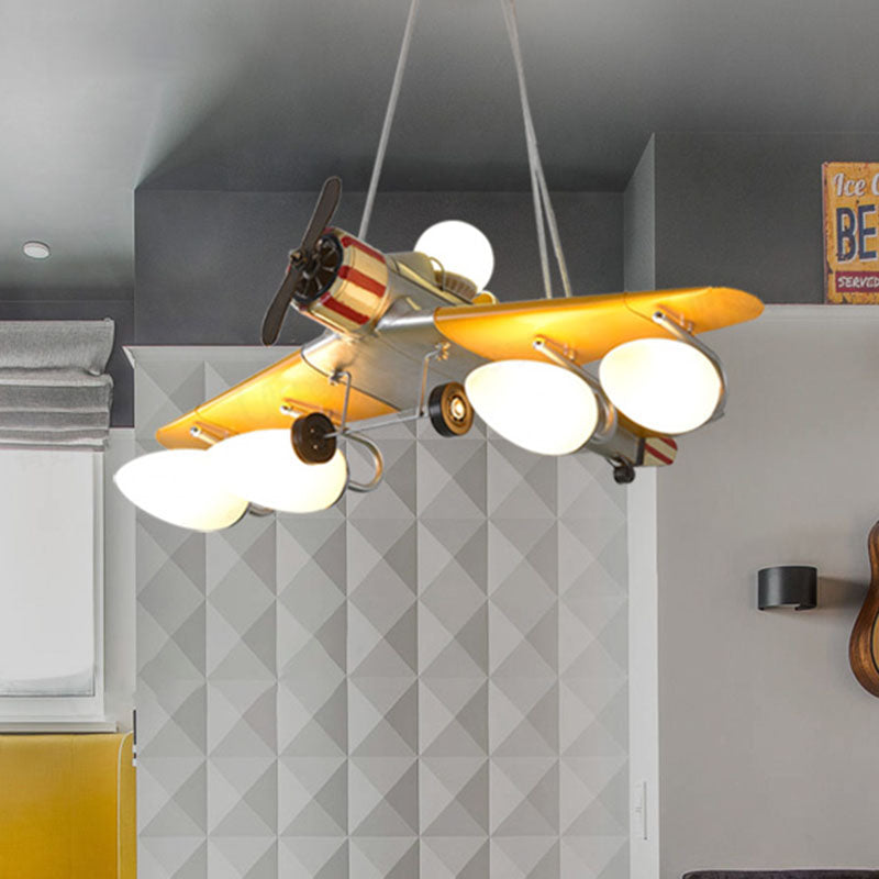 Yellow Aircraft Chandelier Lamp Cartoon 4-Light Metal Suspension Light with Cream Glass Shade Clearhalo 'Ceiling Lights' 'Chandeliers' Lighting' options 898178