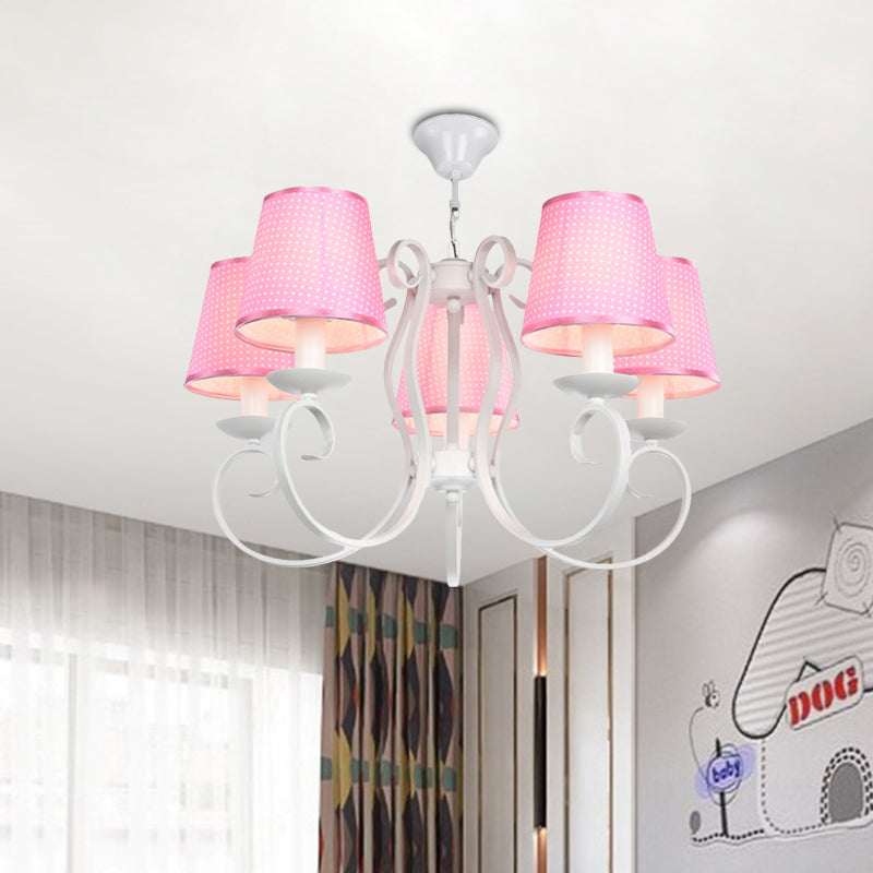 Minimalism Barrel Ceiling Chandelier Fabric 5 Lights Bedroom Hanging Light Fixture in Pink Clearhalo 'Ceiling Lights' 'Chandeliers' Lighting' options 898182