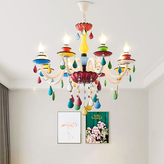 Crystal Candle Pendant Lighting Macaroon 5/6/8 Heads Red-Yellow-Blue-Green Chandelier Light Fixture Clearhalo 'Ceiling Lights' 'Chandeliers' Lighting' options 898190