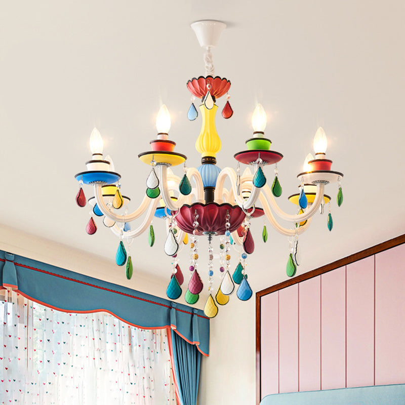 Crystal Candle Pendant Lighting Macaroon 5/6/8 Heads Red-Yellow-Blue-Green Chandelier Light Fixture Clearhalo 'Ceiling Lights' 'Chandeliers' Lighting' options 898191