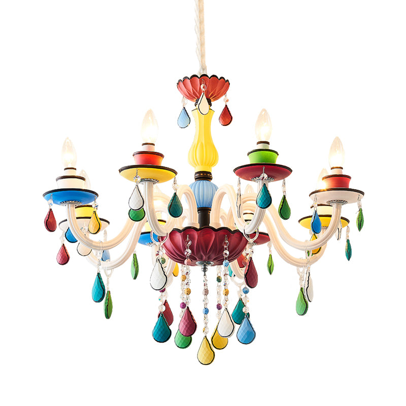 Crystal Candle Pendant Lighting Macaroon 5/6/8 Heads Red-Yellow-Blue-Green Chandelier Light Fixture Clearhalo 'Ceiling Lights' 'Chandeliers' Lighting' options 898192