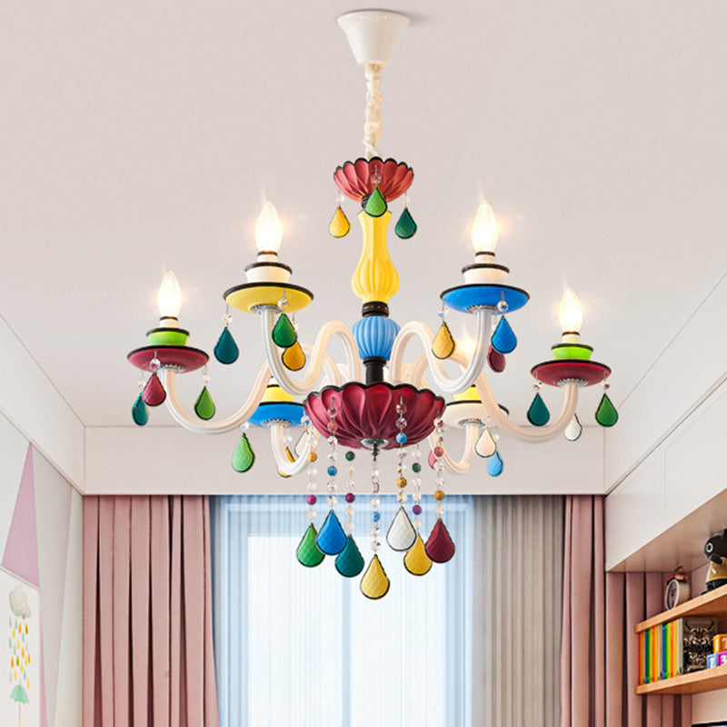 Crystal Candle Pendant Lighting Macaroon 5/6/8 Heads Red-Yellow-Blue-Green Chandelier Light Fixture Clearhalo 'Ceiling Lights' 'Chandeliers' Lighting' options 898194