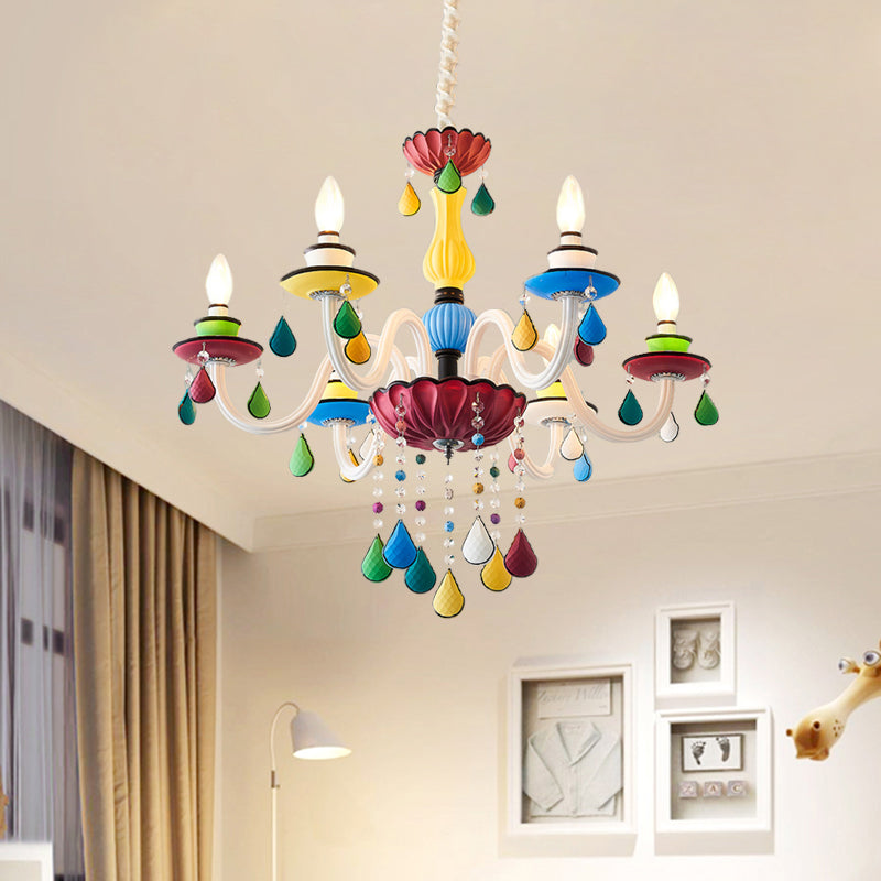 Crystal Candle Pendant Lighting Macaroon 5/6/8 Heads Red-Yellow-Blue-Green Chandelier Light Fixture Clearhalo 'Ceiling Lights' 'Chandeliers' Lighting' options 898195