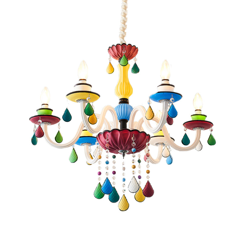 Crystal Candle Pendant Lighting Macaroon 5/6/8 Heads Red-Yellow-Blue-Green Chandelier Light Fixture Clearhalo 'Ceiling Lights' 'Chandeliers' Lighting' options 898196