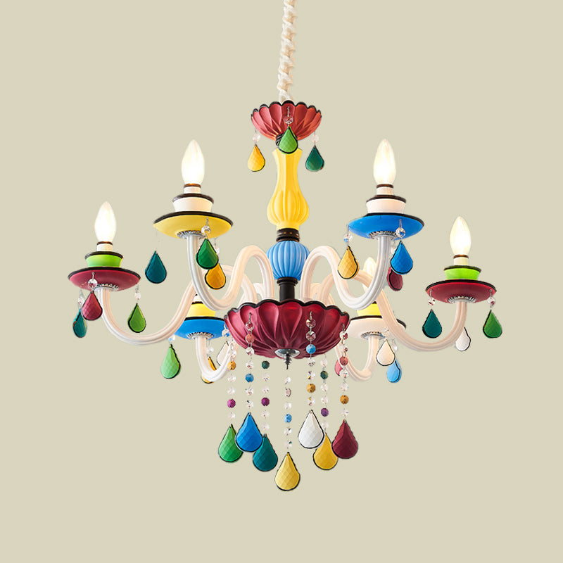 Crystal Candle Pendant Lighting Macaroon 5/6/8 Heads Red-Yellow-Blue-Green Chandelier Light Fixture Clearhalo 'Ceiling Lights' 'Chandeliers' Lighting' options 898197