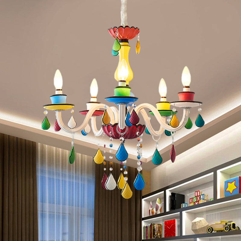 Crystal Candle Pendant Lighting Macaroon 5/6/8 Heads Red-Yellow-Blue-Green Chandelier Light Fixture Clearhalo 'Ceiling Lights' 'Chandeliers' Lighting' options 898199