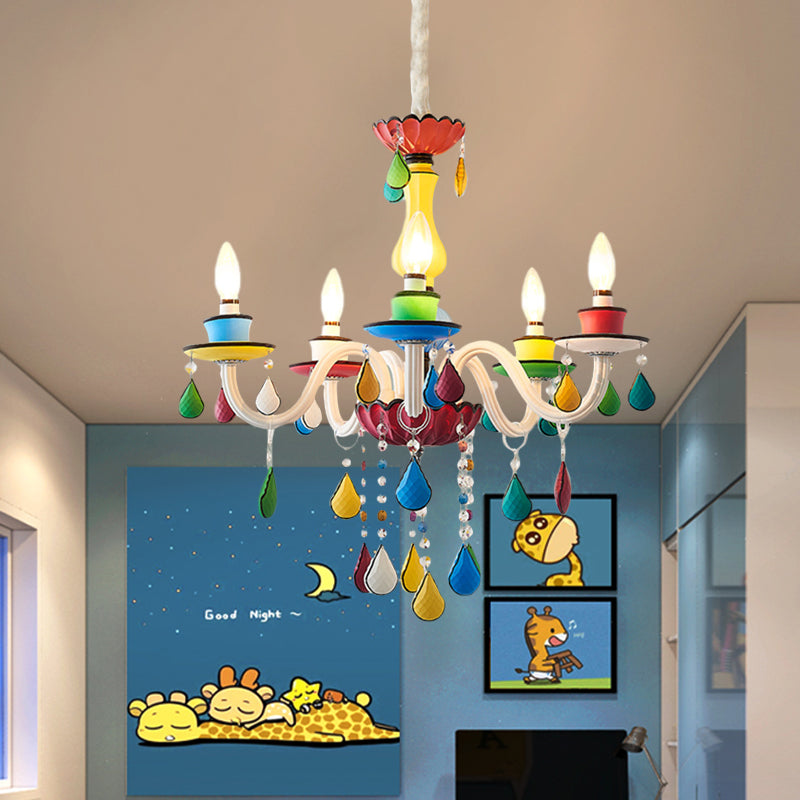 Crystal Candle Pendant Lighting Macaroon 5/6/8 Heads Red-Yellow-Blue-Green Chandelier Light Fixture Clearhalo 'Ceiling Lights' 'Chandeliers' Lighting' options 898200