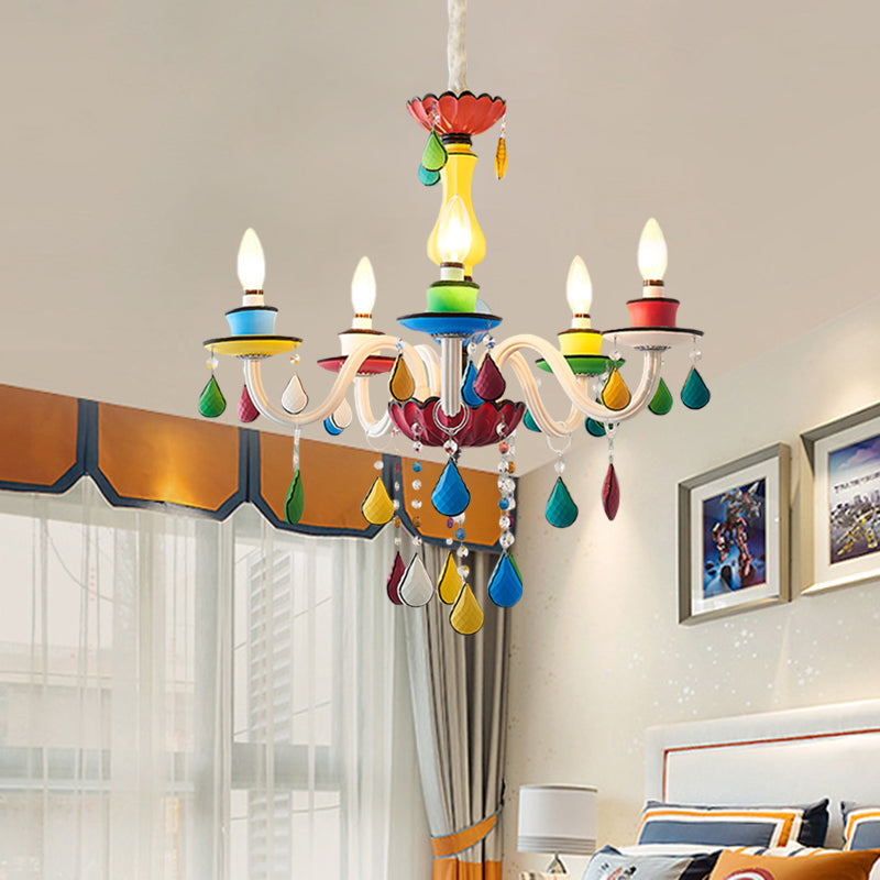 Crystal Candle Pendant Lighting Macaroon 5/6/8 Heads Red-Yellow-Blue-Green Chandelier Light Fixture Clearhalo 'Ceiling Lights' 'Chandeliers' Lighting' options 898201