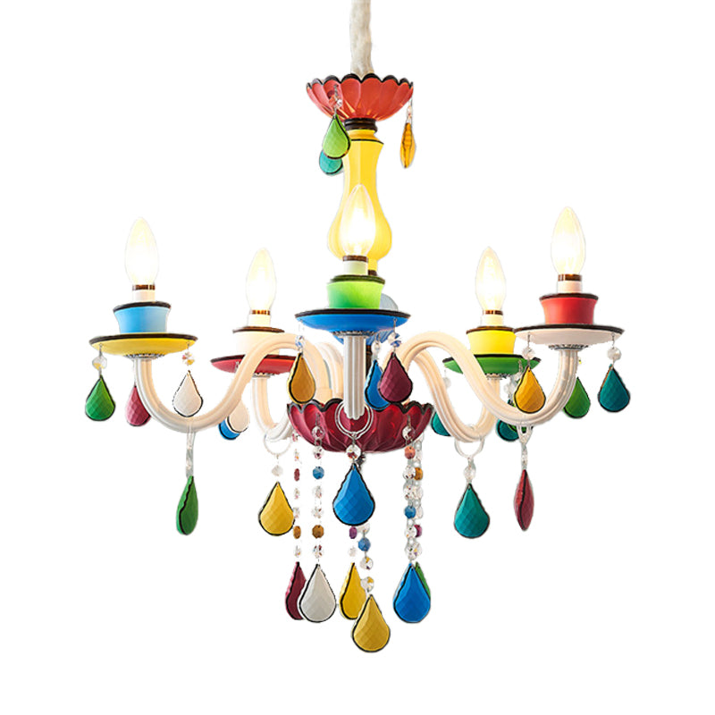 Crystal Candle Pendant Lighting Macaroon 5/6/8 Heads Red-Yellow-Blue-Green Chandelier Light Fixture Clearhalo 'Ceiling Lights' 'Chandeliers' Lighting' options 898202