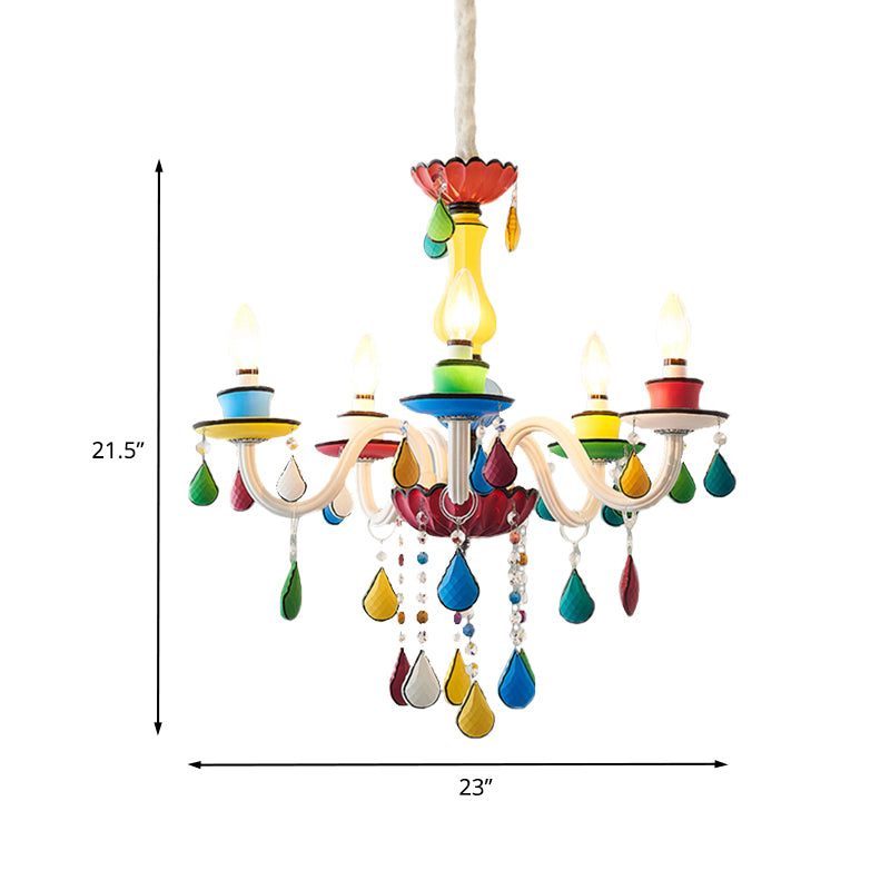 Crystal Candle Pendant Lighting Macaroon 5/6/8 Heads Red-Yellow-Blue-Green Chandelier Light Fixture Clearhalo 'Ceiling Lights' 'Chandeliers' Lighting' options 898203