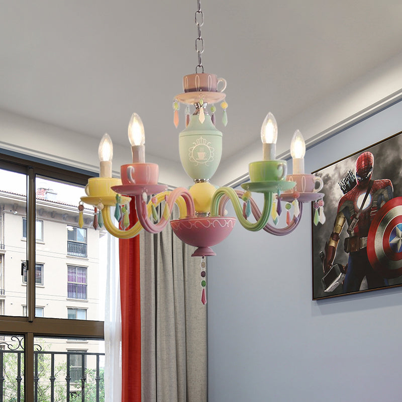 Macaroon Cup Crystal Chandelier 5/6 Lights Pendant Lighting Fixture in Blue-Yellow-Green-Pink 5 Blue-Yellow-Green-Pink Clearhalo 'Ceiling Lights' 'Chandeliers' Lighting' options 898204_b6f7fc04-aa79-4eb5-b8ec-720d300a0d0c