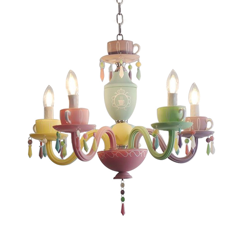 Macaroon Cup Crystal Chandelier 5/6 Lights Pendant Lighting Fixture in Blue-Yellow-Green-Pink Clearhalo 'Ceiling Lights' 'Chandeliers' Lighting' options 898205