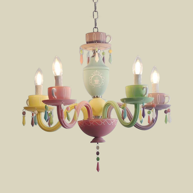 Macaroon Cup Crystal Chandelier 5/6 Lights Pendant Lighting Fixture in Blue-Yellow-Green-Pink Clearhalo 'Ceiling Lights' 'Chandeliers' Lighting' options 898206