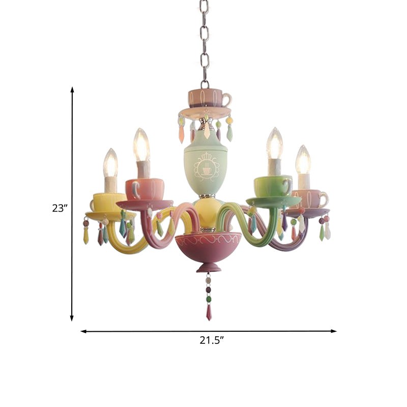 Macaroon Cup Crystal Chandelier 5/6 Lights Pendant Lighting Fixture in Blue-Yellow-Green-Pink Clearhalo 'Ceiling Lights' 'Chandeliers' Lighting' options 898207