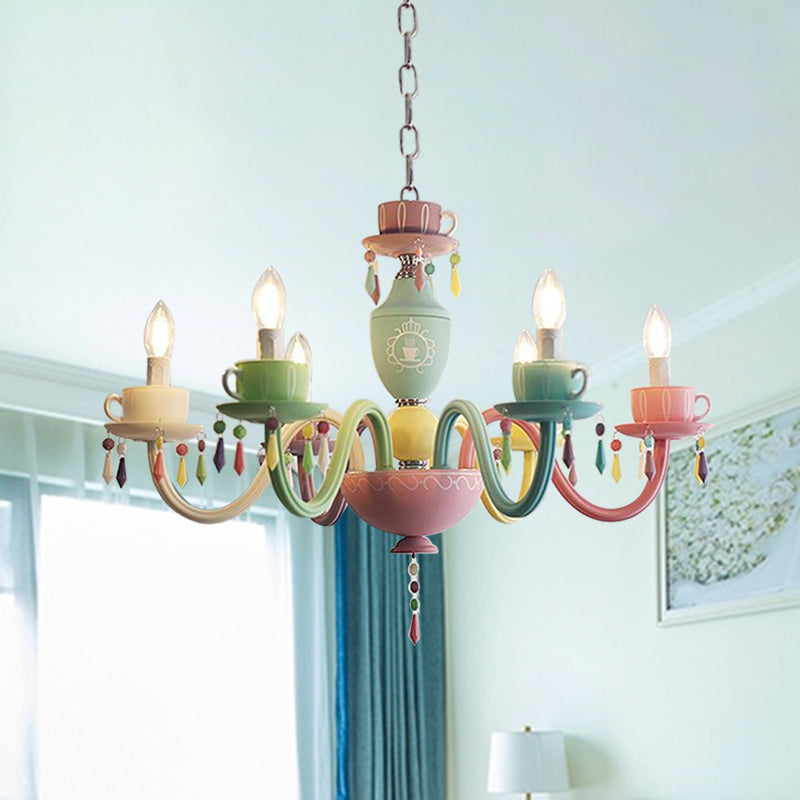 Macaroon Cup Crystal Chandelier 5/6 Lights Pendant Lighting Fixture in Blue-Yellow-Green-Pink 6 Blue-Yellow-Green-Pink Clearhalo 'Ceiling Lights' 'Chandeliers' Lighting' options 898208_527fa7d2-6519-41be-8426-f4960abebb9d