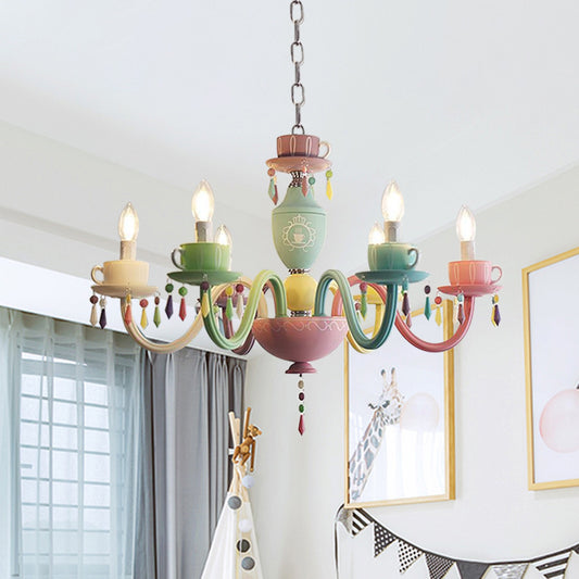 Macaroon Cup Crystal Chandelier 5/6 Lights Pendant Lighting Fixture in Blue-Yellow-Green-Pink Clearhalo 'Ceiling Lights' 'Chandeliers' Lighting' options 898209