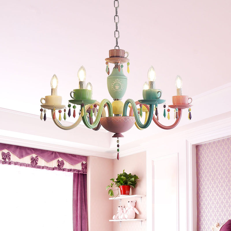 Macaroon Cup Crystal Chandelier 5/6 Lights Pendant Lighting Fixture in Blue-Yellow-Green-Pink Clearhalo 'Ceiling Lights' 'Chandeliers' Lighting' options 898210