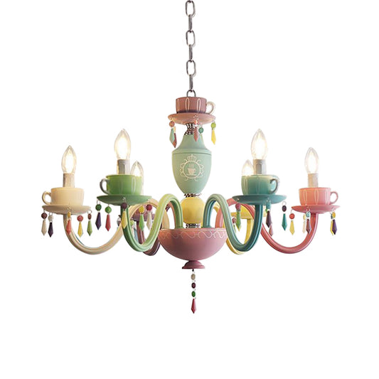 Macaroon Cup Crystal Chandelier 5/6 Lights Pendant Lighting Fixture in Blue-Yellow-Green-Pink Clearhalo 'Ceiling Lights' 'Chandeliers' Lighting' options 898211