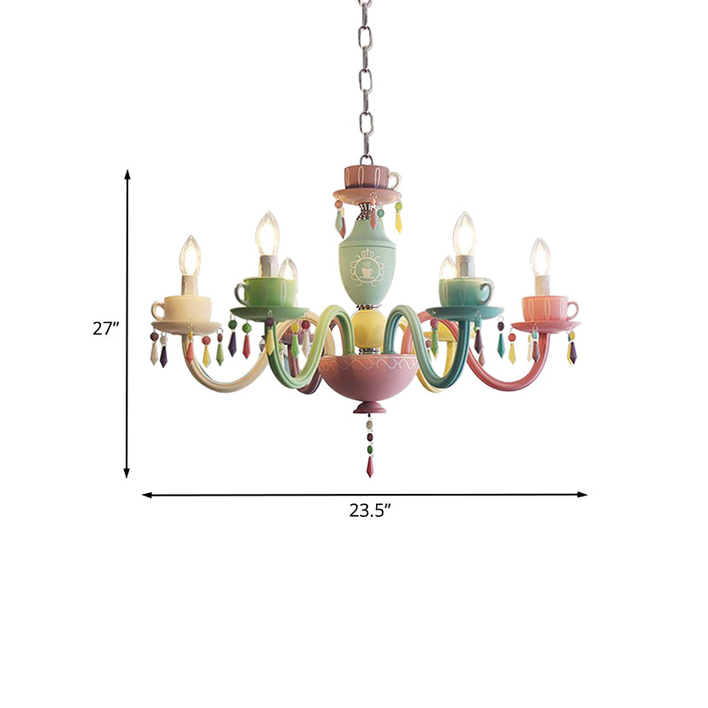 Macaroon Cup Crystal Chandelier 5/6 Lights Pendant Lighting Fixture in Blue-Yellow-Green-Pink Clearhalo 'Ceiling Lights' 'Chandeliers' Lighting' options 898212