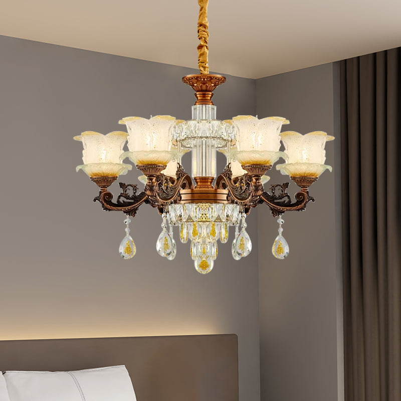 Mid Century Flower Chandelier Lighting Frosted Glass 6 Lights Living Room Pendulum Lamp in Brown Clearhalo 'Ceiling Lights' 'Chandeliers' Lighting' options 898236