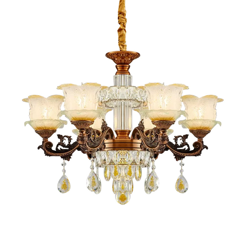 Mid Century Flower Chandelier Lighting Frosted Glass 6 Lights Living Room Pendulum Lamp in Brown Clearhalo 'Ceiling Lights' 'Chandeliers' Lighting' options 898237