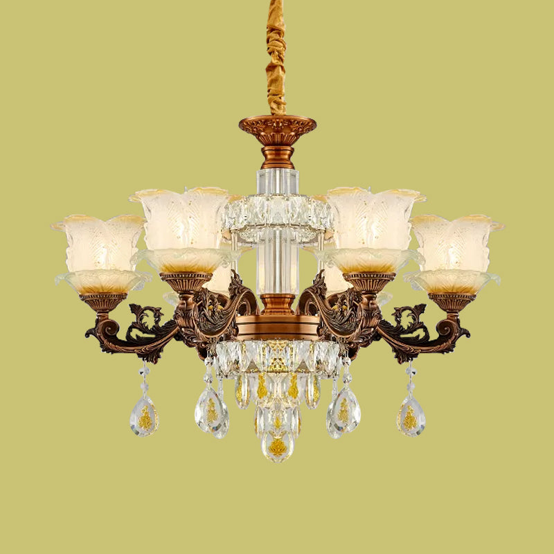 Mid Century Flower Chandelier Lighting Frosted Glass 6 Lights Living Room Pendulum Lamp in Brown Clearhalo 'Ceiling Lights' 'Chandeliers' Lighting' options 898238