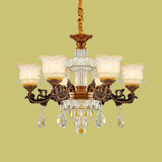 Mid Century Flower Chandelier Lighting Frosted Glass 6 Lights Living Room Pendulum Lamp in Brown Clearhalo 'Ceiling Lights' 'Chandeliers' Lighting' options 898238