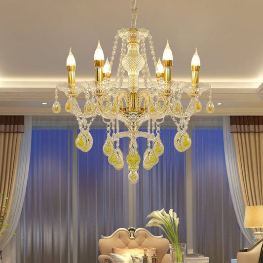 Gold Finish Candlestick Hanging Chandelier Modernist 6 Bulbs Crystal Drip Pendant Lighting Gold Clearhalo 'Ceiling Lights' 'Chandeliers' 'Modern Chandeliers' 'Modern' Lighting' 898244