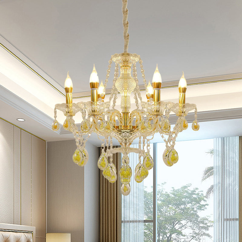 Gold Finish Candlestick Hanging Chandelier Modernist 6 Bulbs Crystal Drip Pendant Lighting Clearhalo 'Ceiling Lights' 'Chandeliers' 'Modern Chandeliers' 'Modern' Lighting' 898245