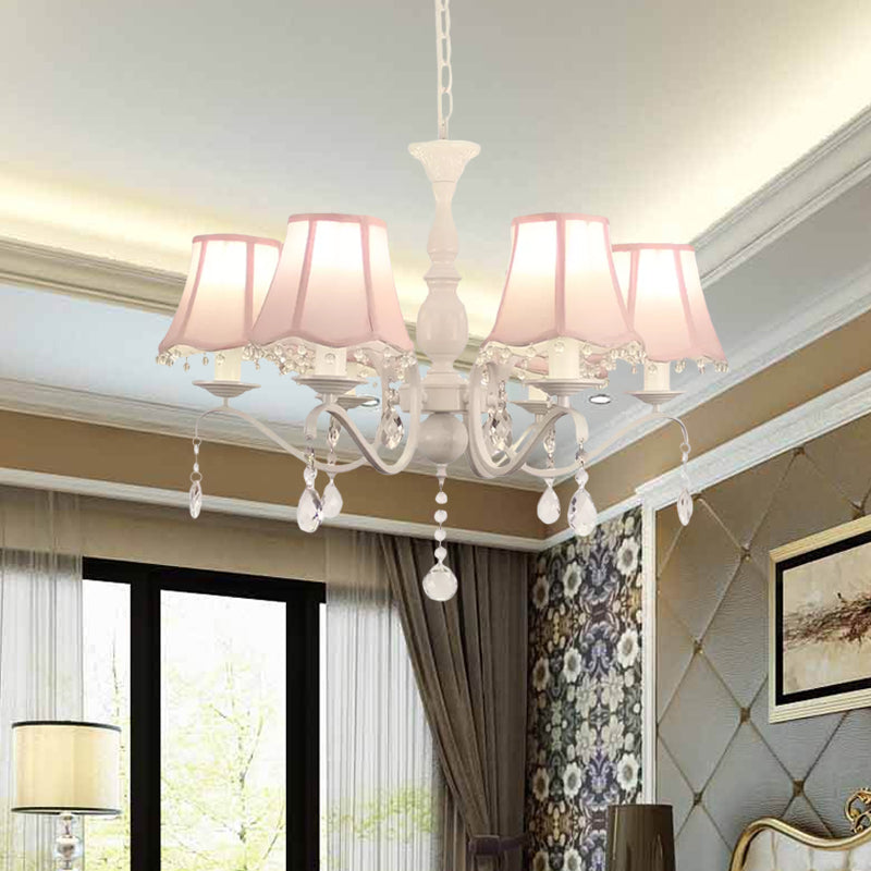 Scalloped Fabric Pendant Chandelier Contemporary 6-Light Pink/Blue Suspension Lamp with Crystal Droplet Pink Clearhalo 'Ceiling Lights' 'Chandeliers' 'Modern Chandeliers' 'Modern' Lighting' 898248