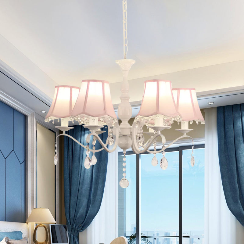 Scalloped Fabric Pendant Chandelier Contemporary 6-Light Pink/Blue Suspension Lamp with Crystal Droplet Clearhalo 'Ceiling Lights' 'Chandeliers' 'Modern Chandeliers' 'Modern' Lighting' 898249