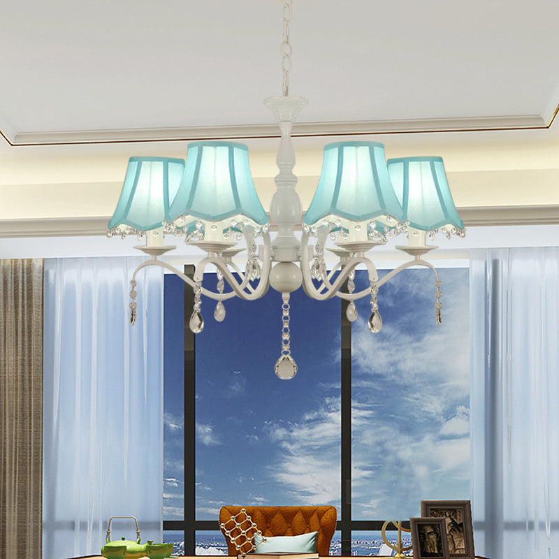 Scalloped Fabric Pendant Chandelier Contemporary 6-Light Pink/Blue Suspension Lamp with Crystal Droplet Clearhalo 'Ceiling Lights' 'Chandeliers' 'Modern Chandeliers' 'Modern' Lighting' 898253