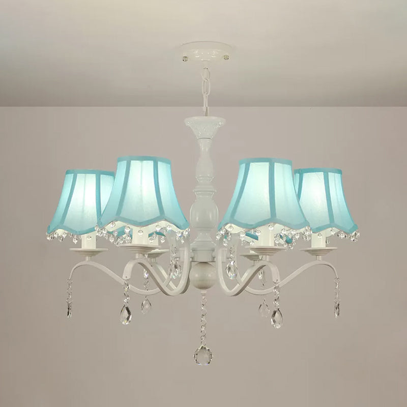 Scalloped Fabric Pendant Chandelier Contemporary 6-Light Pink/Blue Suspension Lamp with Crystal Droplet Clearhalo 'Ceiling Lights' 'Chandeliers' 'Modern Chandeliers' 'Modern' Lighting' 898255