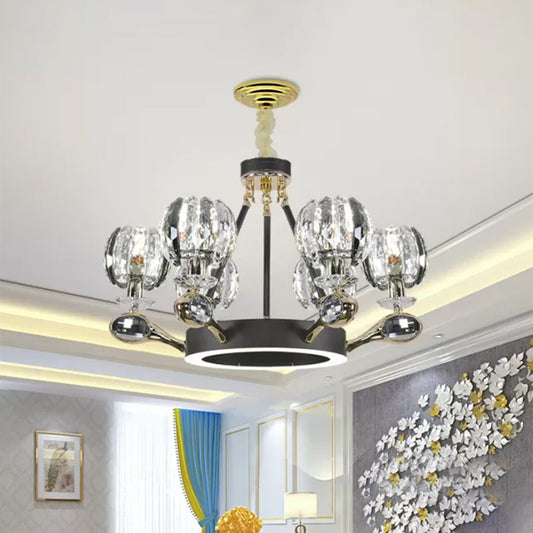 Bud Shaped Crystal Suspension Light Modernist 6 Heads Black Finish Ring Hanging Chandelier Black Clearhalo 'Ceiling Lights' 'Chandeliers' 'Modern Chandeliers' 'Modern' Lighting' 898268