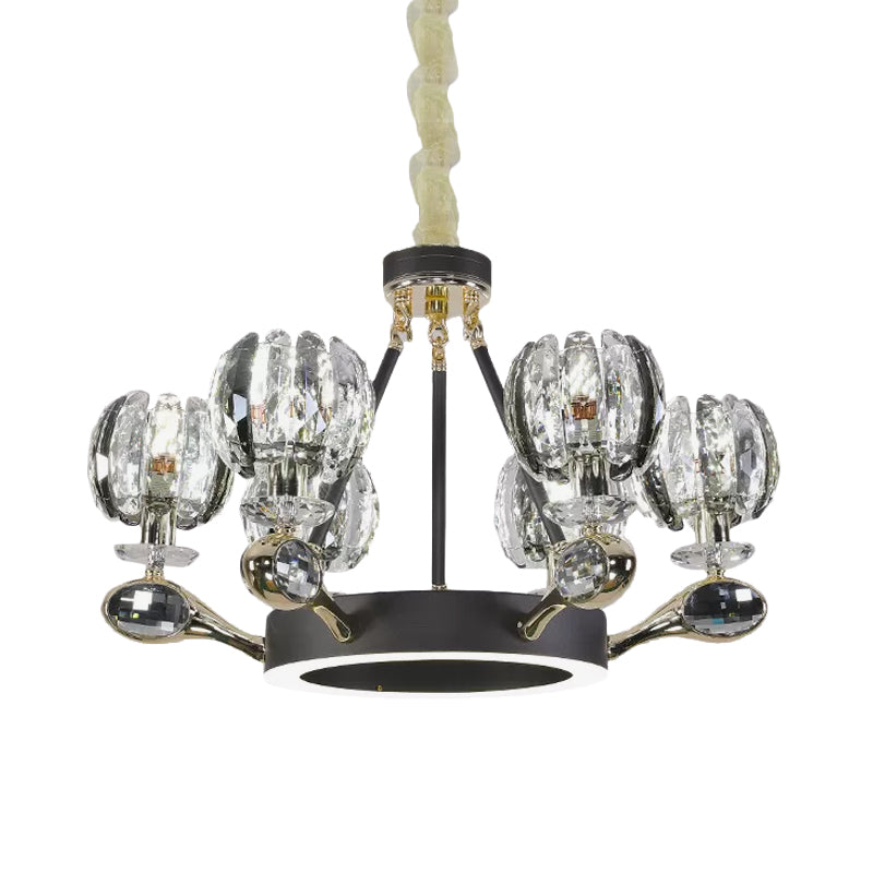 Bud Shaped Crystal Suspension Light Modernist 6 Heads Black Finish Ring Hanging Chandelier Clearhalo 'Ceiling Lights' 'Chandeliers' 'Modern Chandeliers' 'Modern' Lighting' 898269