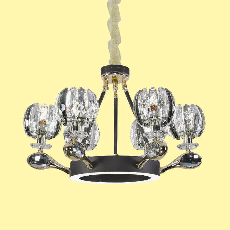 Bud Shaped Crystal Suspension Light Modernist 6 Heads Black Finish Ring Hanging Chandelier Clearhalo 'Ceiling Lights' 'Chandeliers' 'Modern Chandeliers' 'Modern' Lighting' 898270