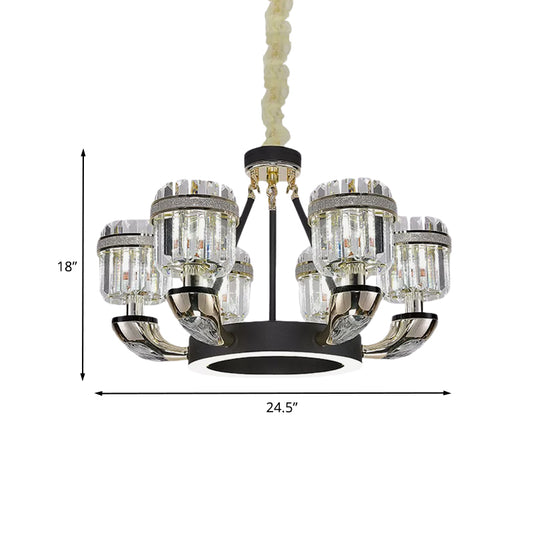 6 Bulbs Living Room Pendant Modernism Black Hoop Chandelier Lighting with Drum Crystal Prisms Shade Clearhalo 'Ceiling Lights' 'Chandeliers' 'Modern Chandeliers' 'Modern' Lighting' 898275