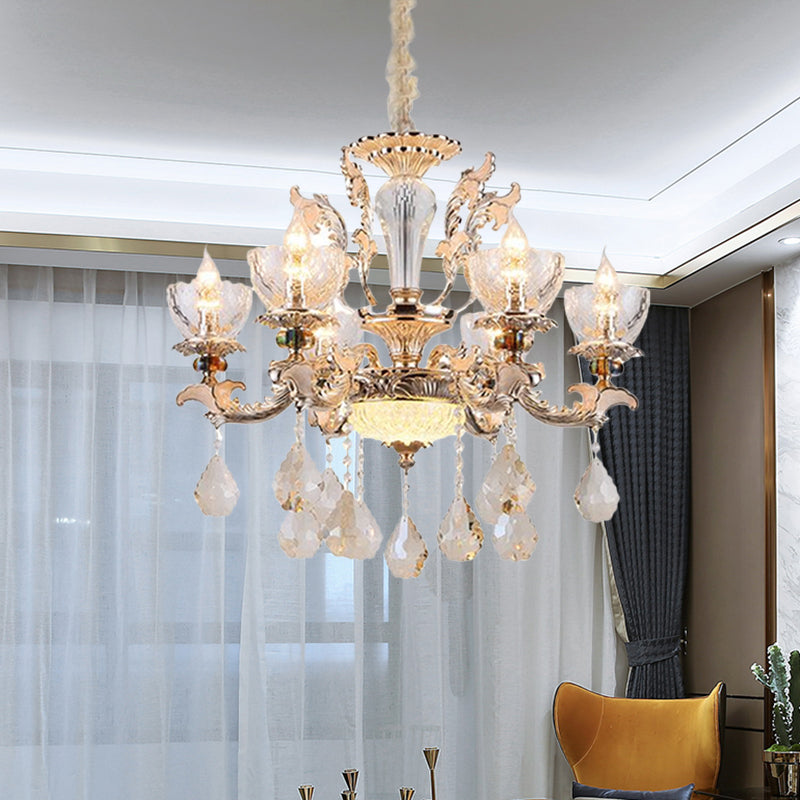 Gold Finish Bowl Shape Pendant Lamp Mid Century 6 Bulbs Clear Crystal Glass Chandelier Clearhalo 'Ceiling Lights' 'Chandeliers' Lighting' options 898301