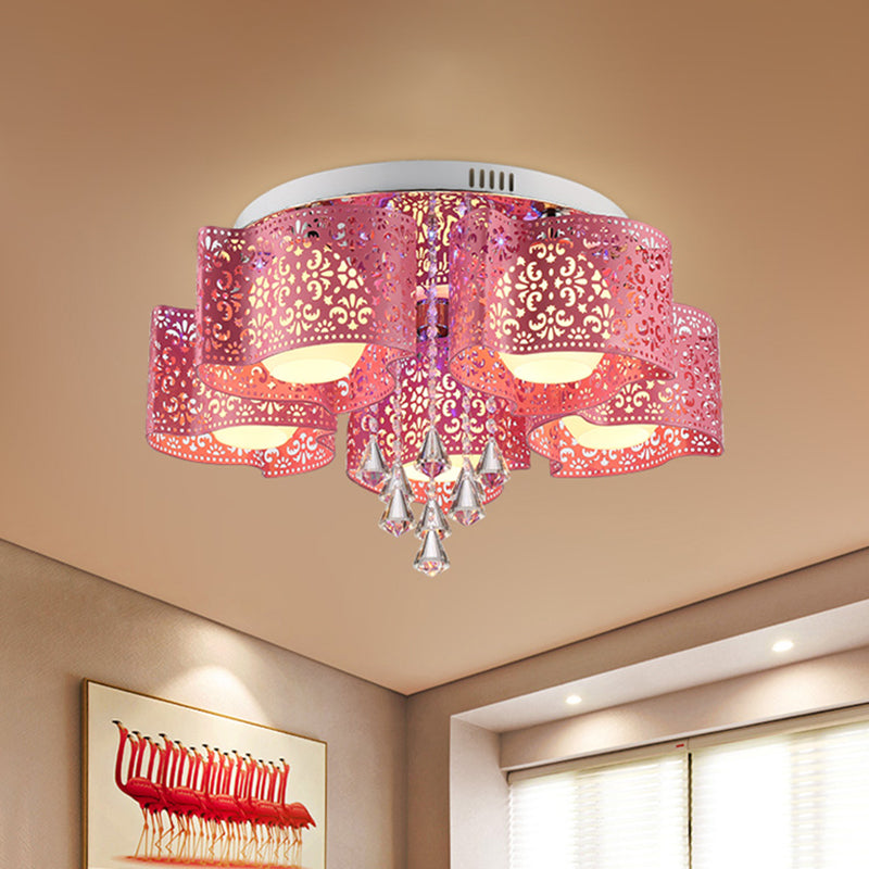 Metallic Windmill-Shape Flushmount Contemporary 3/5-Head Rose Red Finish Flush Light with Orb Frosted Glass Shade Clearhalo 'Ceiling Lights' 'Close To Ceiling Lights' 'Close to ceiling' 'Flush mount' Lighting' 898314