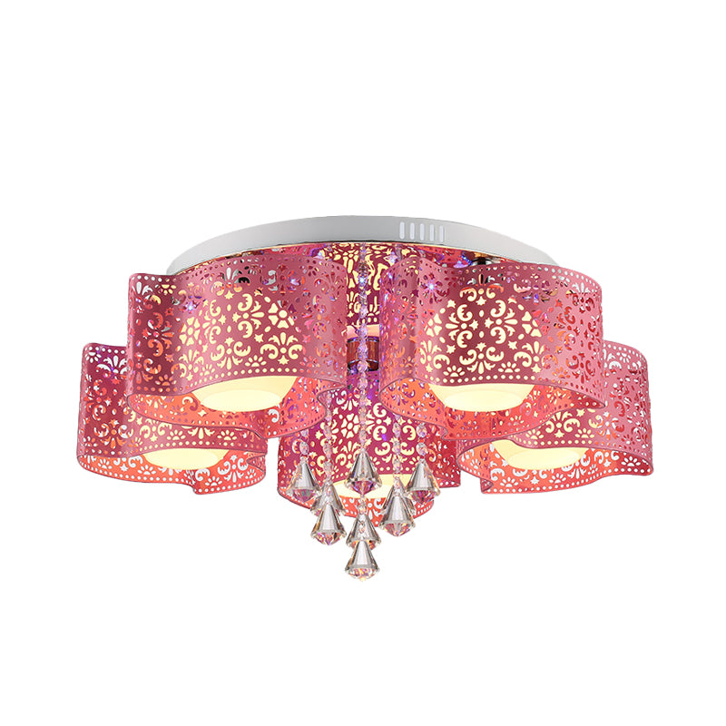 Metallic Windmill-Shape Flushmount Contemporary 3/5-Head Rose Red Finish Flush Light with Orb Frosted Glass Shade Clearhalo 'Ceiling Lights' 'Close To Ceiling Lights' 'Close to ceiling' 'Flush mount' Lighting' 898315