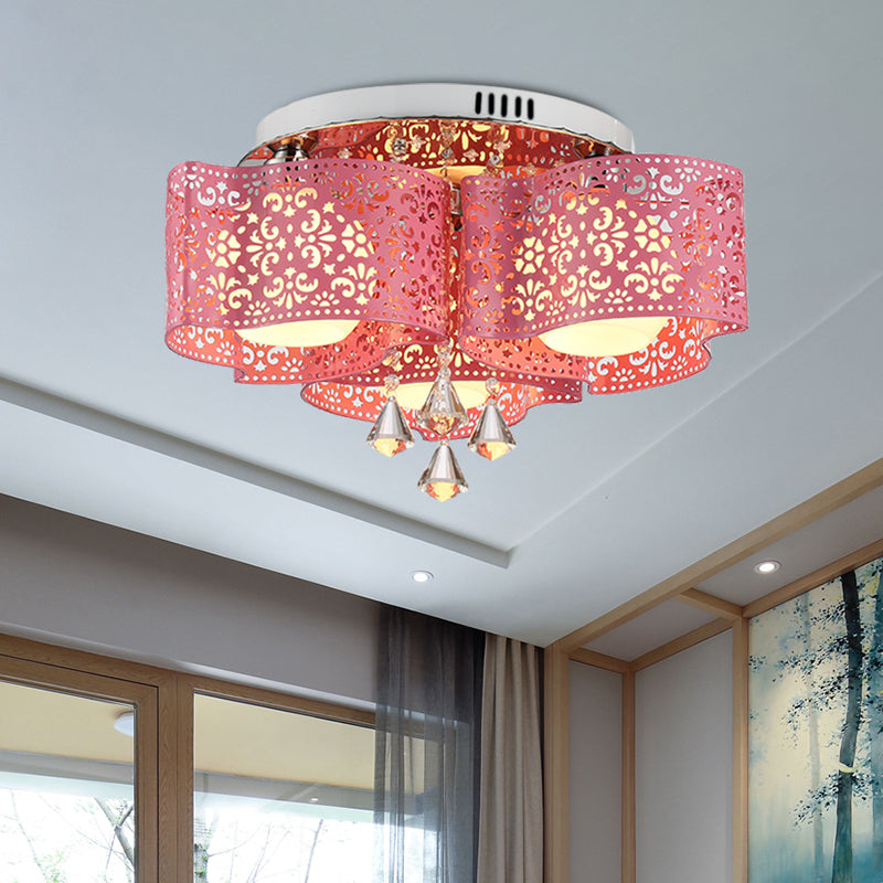 Metallic Windmill-Shape Flushmount Contemporary 3/5-Head Rose Red Finish Flush Light with Orb Frosted Glass Shade Clearhalo 'Ceiling Lights' 'Close To Ceiling Lights' 'Close to ceiling' 'Flush mount' Lighting' 898319