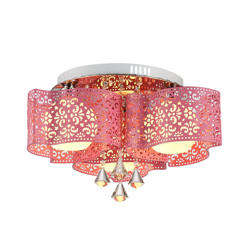 Metallic Windmill-Shape Flushmount Contemporary 3/5-Head Rose Red Finish Flush Light with Orb Frosted Glass Shade Clearhalo 'Ceiling Lights' 'Close To Ceiling Lights' 'Close to ceiling' 'Flush mount' Lighting' 898320