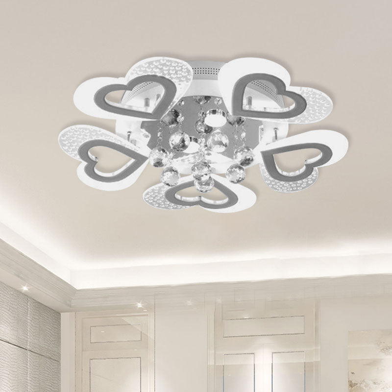 Modern Loving Heart Flush Ceiling Light Acrylic LED Bedroom Semi Flush Lamp Fixture in White with Crystal Ball Decor White Clearhalo 'Ceiling Lights' 'Close To Ceiling Lights' 'Close to ceiling' 'Semi-flushmount' Lighting' 898342