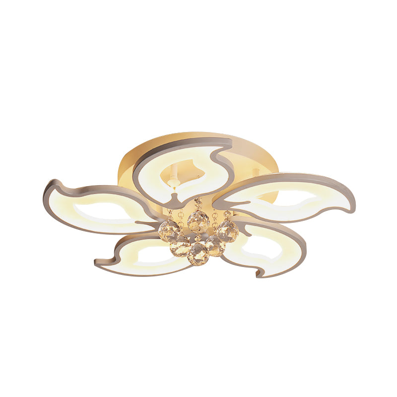 Leaf-Shape Semi Flush Lighting Modern Acrylic 5 Heads White LED Ceiling Flush with Crystal Orb Deco Clearhalo 'Ceiling Lights' 'Close To Ceiling Lights' 'Close to ceiling' 'Semi-flushmount' Lighting' 898356