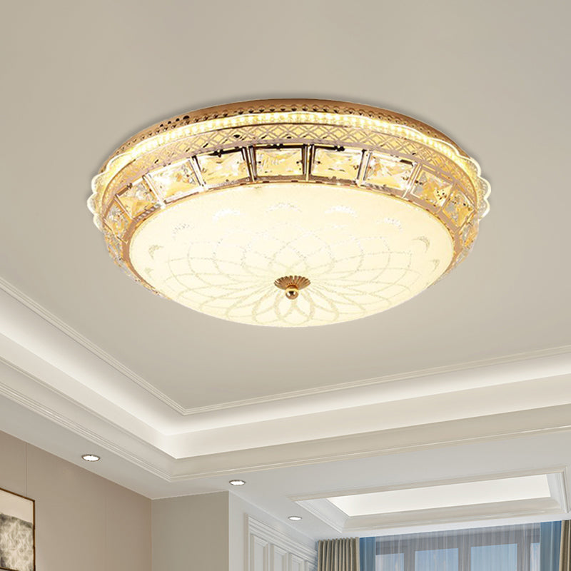 LED Bedroom Crystal Ceiling Mounted Fixture Modern Gold Flush Lighting with Dome White Glass Shade Gold Clearhalo 'Ceiling Lights' 'Close To Ceiling Lights' 'Close to ceiling' 'Flush mount' Lighting' 898362