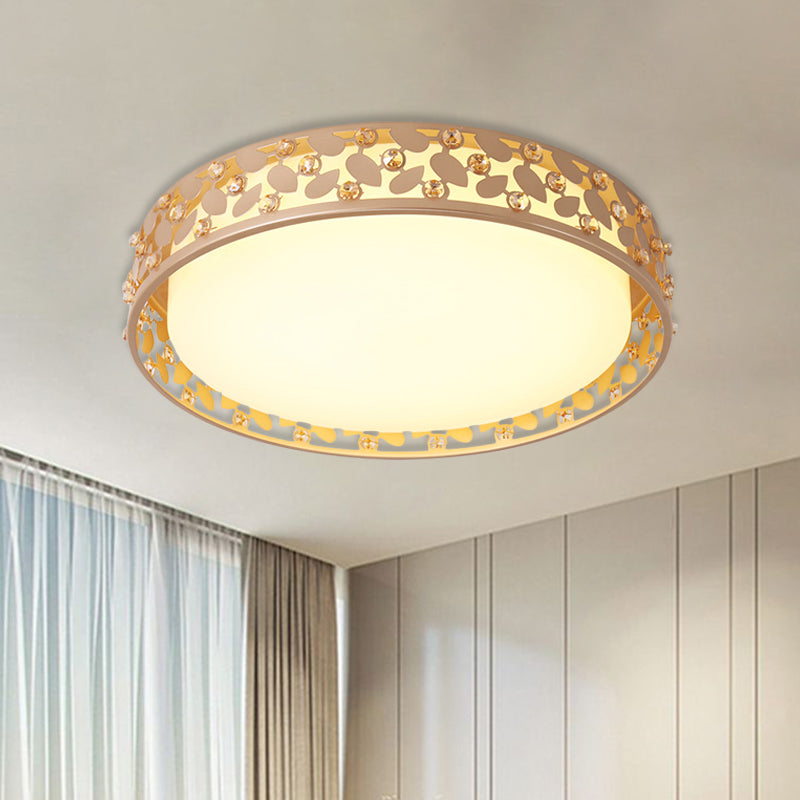 Iron Laser-Cut Drum Flush Mount Lamp Simple LED Gold Flush Light Fixture with Acrylic Shade Gold Clearhalo 'Ceiling Lights' 'Close To Ceiling Lights' 'Close to ceiling' 'Flush mount' Lighting' 898394