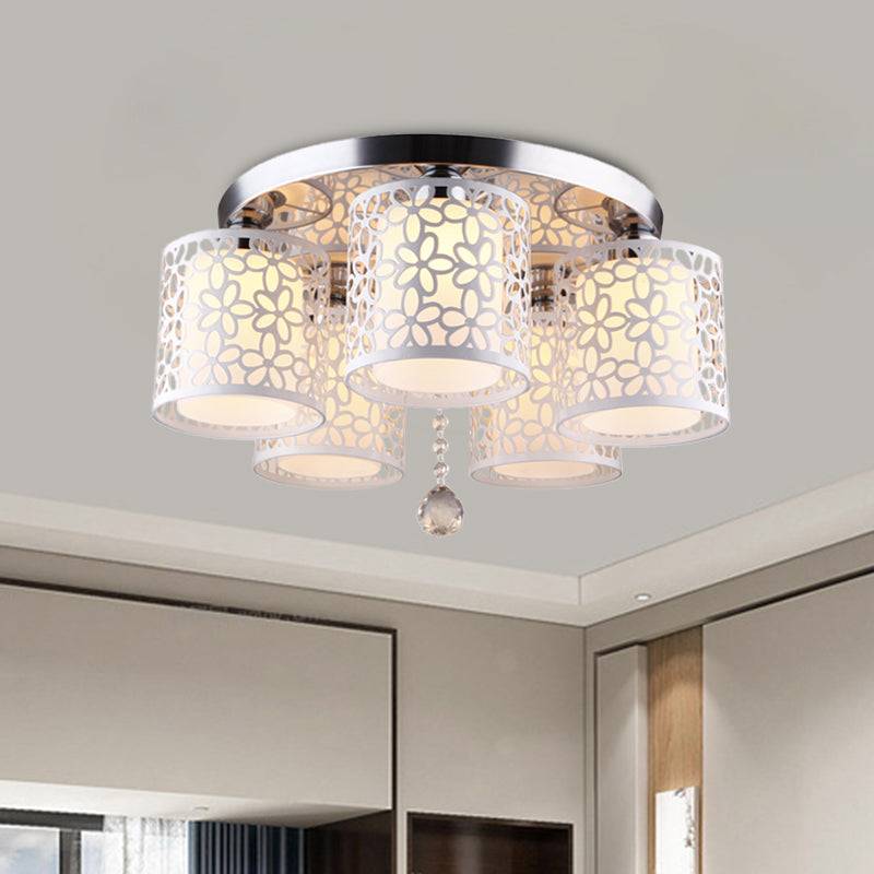 Iron Hollow-Out Cylinder Ceiling Flush Modernism 5-Head White Flush Mount with Cream Glass Shade Inside White Clearhalo 'Ceiling Lights' 'Close To Ceiling Lights' 'Close to ceiling' 'Flush mount' Lighting' 898418