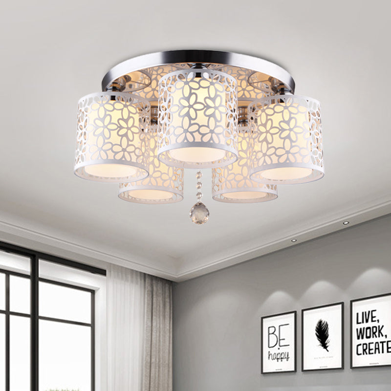 Iron Hollow-Out Cylinder Ceiling Flush Modernism 5-Head White Flush Mount with Cream Glass Shade Inside Clearhalo 'Ceiling Lights' 'Close To Ceiling Lights' 'Close to ceiling' 'Flush mount' Lighting' 898419