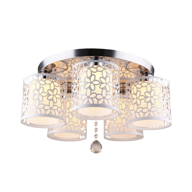 Iron Hollow-Out Cylinder Ceiling Flush Modernism 5-Head White Flush Mount with Cream Glass Shade Inside Clearhalo 'Ceiling Lights' 'Close To Ceiling Lights' 'Close to ceiling' 'Flush mount' Lighting' 898420